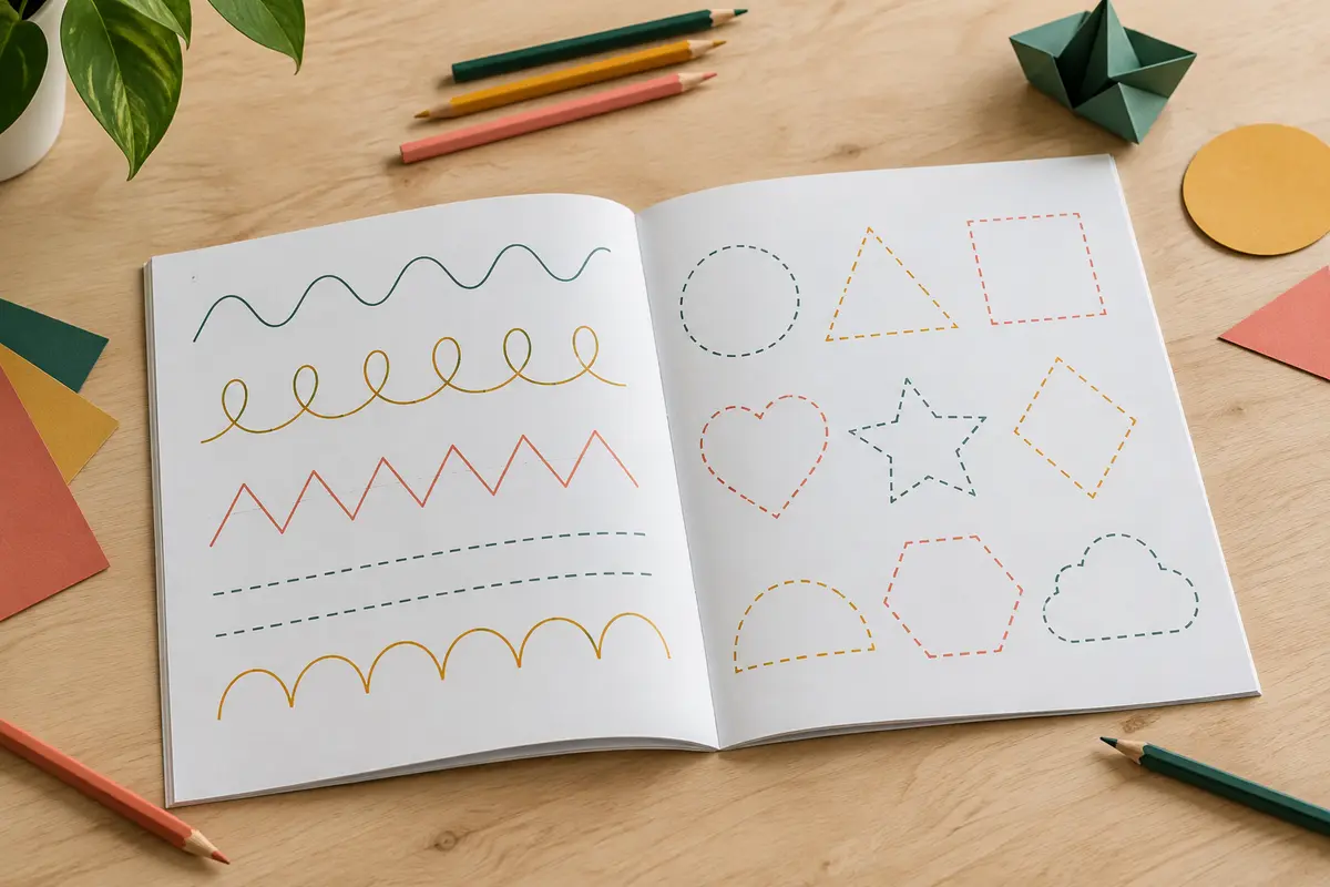Cahier de graphisme ouvert sur des tracés de lignes et de formes, accompagné de crayons sur une table claire.