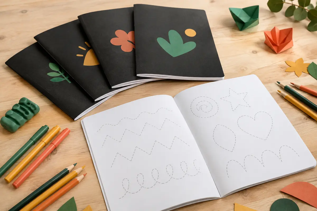 Quatre cahiers d’écriture réutilisables ouverts près de stylos, de crayons de couleur et d’un guide en silicone.