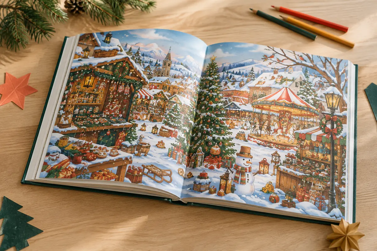 Livre de cherche et trouve de Noël ouvert sur une table claire, accompagné de quelques crayons de couleur
