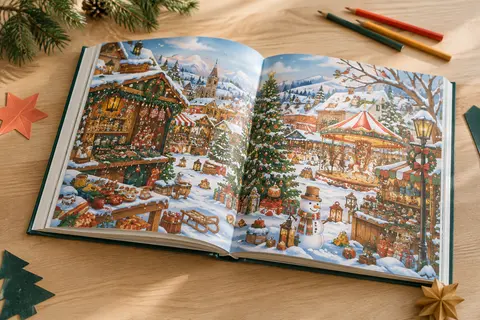 Livre de cherche et trouve de Noël ouvert sur une table claire, accompagné de quelques crayons de couleur