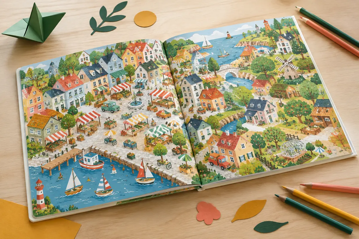 Livre cartonné de cherche et trouve ouvert sur des planches colorées, posé près de crayons sur une table claire.