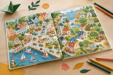 Livre cartonné de cherche et trouve ouvert sur des planches colorées, posé près de crayons sur une table claire.