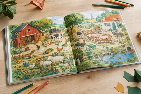 Livre sonore ouvert sur des scènes illustrées de la ferme, posé avec des crayons sur une table claire.