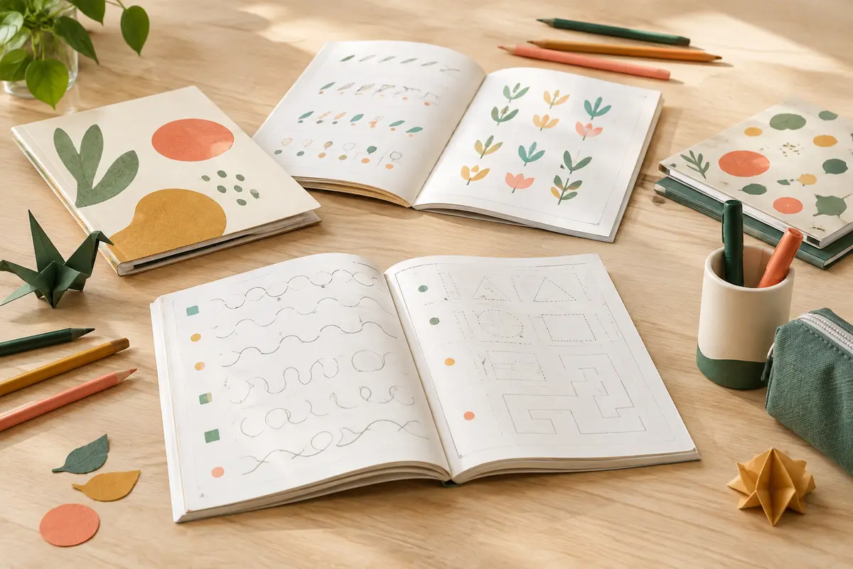 Quatre cahiers d’exercices ouverts avec des stylos et leur porte-stylo sur une table claire.
