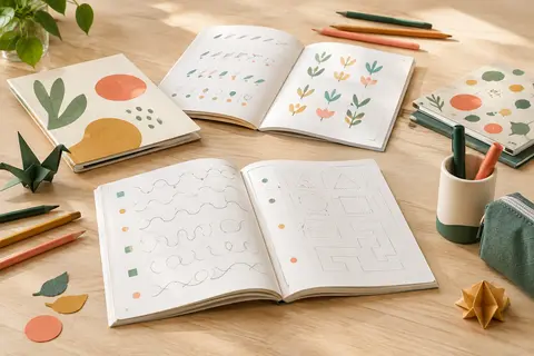 Quatre cahiers d’exercices ouverts avec des stylos et leur porte-stylo sur une table claire.