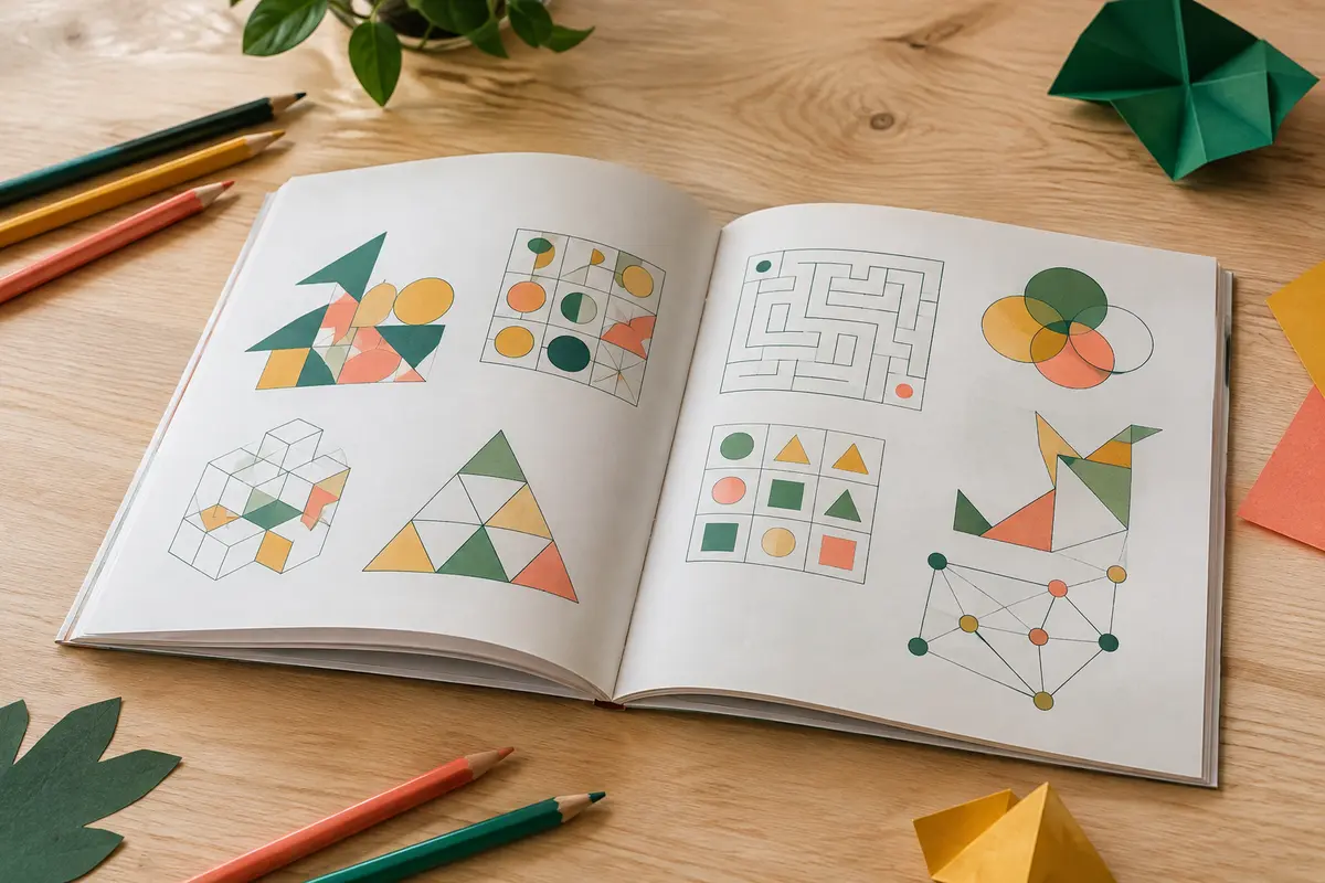 Livre broché de casse-têtes logiques ouvert sur une table claire, accompagné de crayons de couleur.