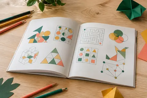 Livre broché de casse-têtes logiques ouvert sur une table claire, accompagné de crayons de couleur.