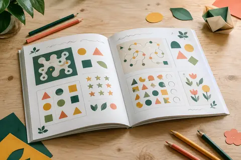 Livre broché d’énigmes ouvert sur une table claire, entouré de crayons et de papiers pliés.