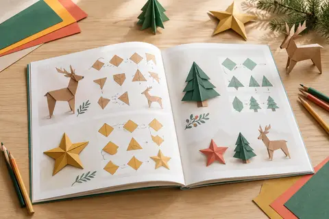 Livre d’origami ouvert sur une table claire, entouré de pliages de Noël et de quelques crayons de couleur.