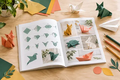 Livre ouvert d’origami et d’avions en papier posé près de pliages réalisés sur une table claire