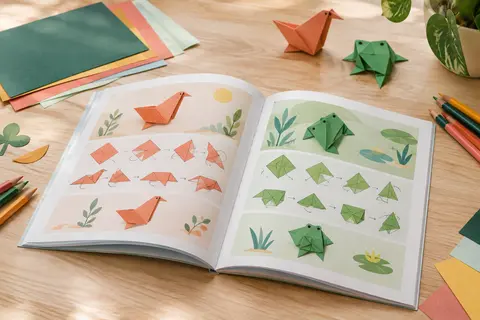 Livre d’origami ouvert près de feuilles de papier et de quelques créations pliées sur une table claire