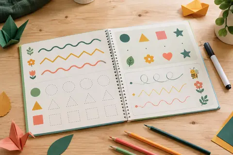 Cahier d’activités effaçables à spirale ouvert, avec un feutre et des crayons sur une table claire