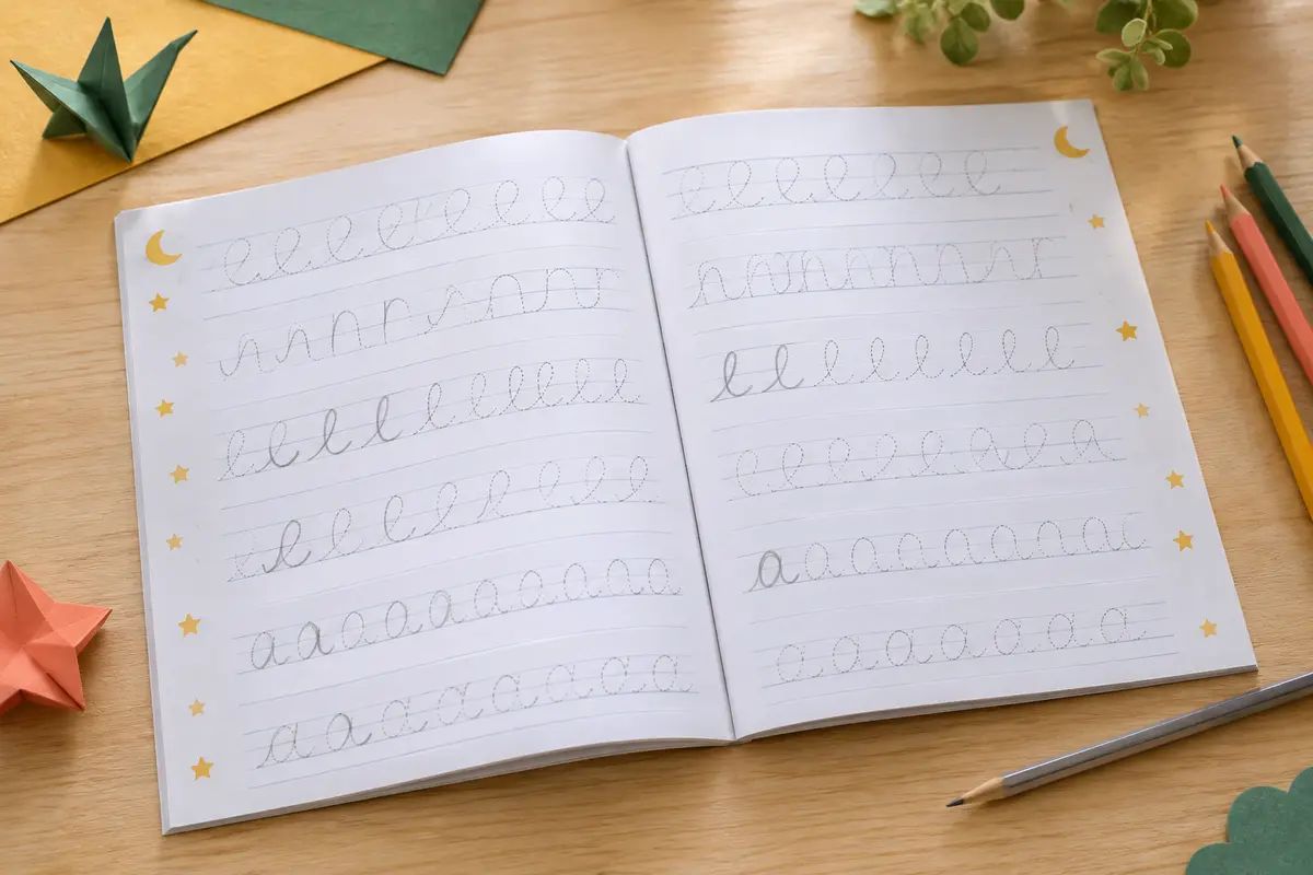 Cahier d’écriture ouvert sur des lignes de boucles et de lettres cursives à repasser, à côté de crayons sur une table en bois clair