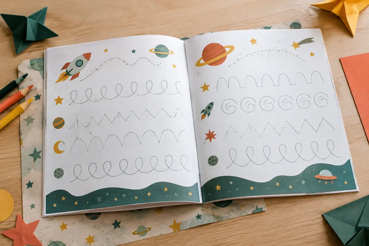 Cahier d’écriture ouvert sur une table claire, avec des tracés, des crayons et un sous-main