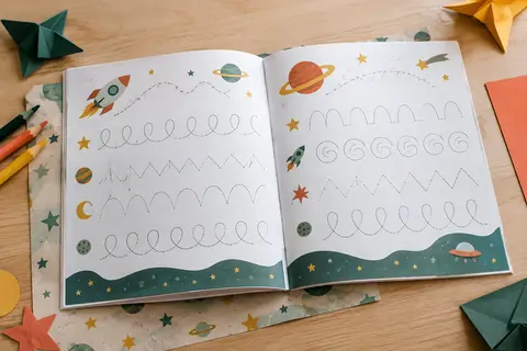 Cahier d’écriture ouvert sur une table claire, avec des tracés, des crayons et un sous-main