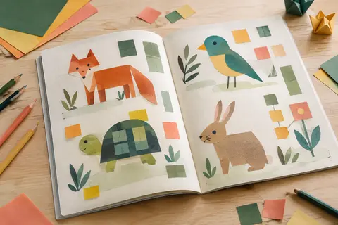 Cahier d’activités ouvert sur une table, avec des formes d’animaux à découper et des crayons de couleur.