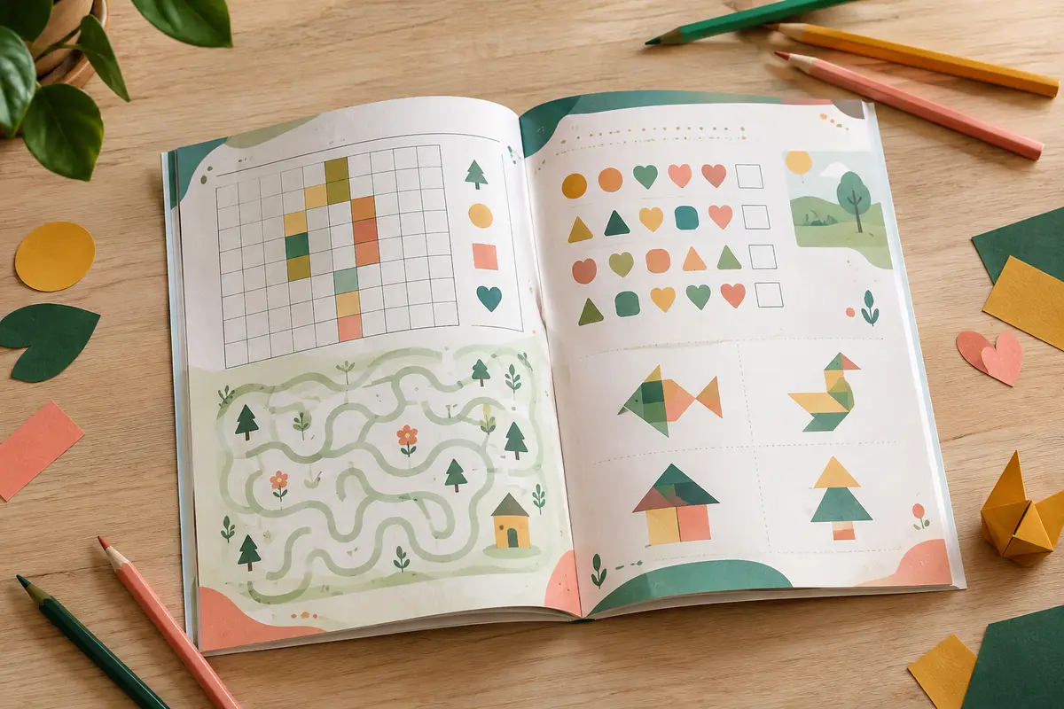 Cahier d’activités d’anglais ouvert en couleur sur une table claire, entouré de crayons et de papiers pliés.