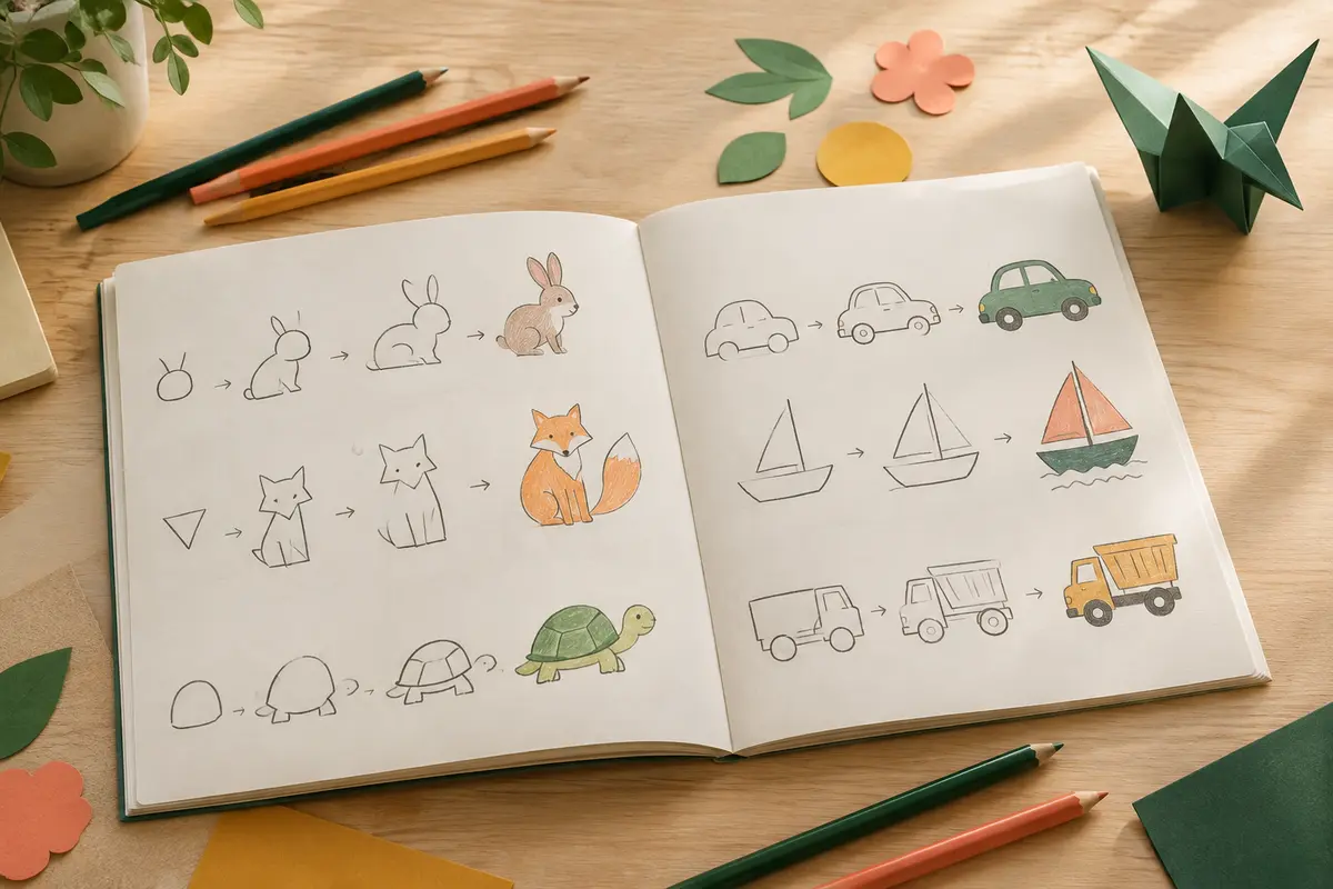 Cahier de dessin ouvert avec des croquis guidés, des crayons de couleur et des papiers découpés sur une table claire.