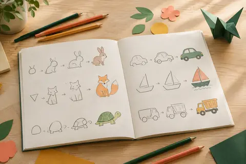 Cahier de dessin ouvert avec des croquis guidés, des crayons de couleur et des papiers découpés sur une table claire.