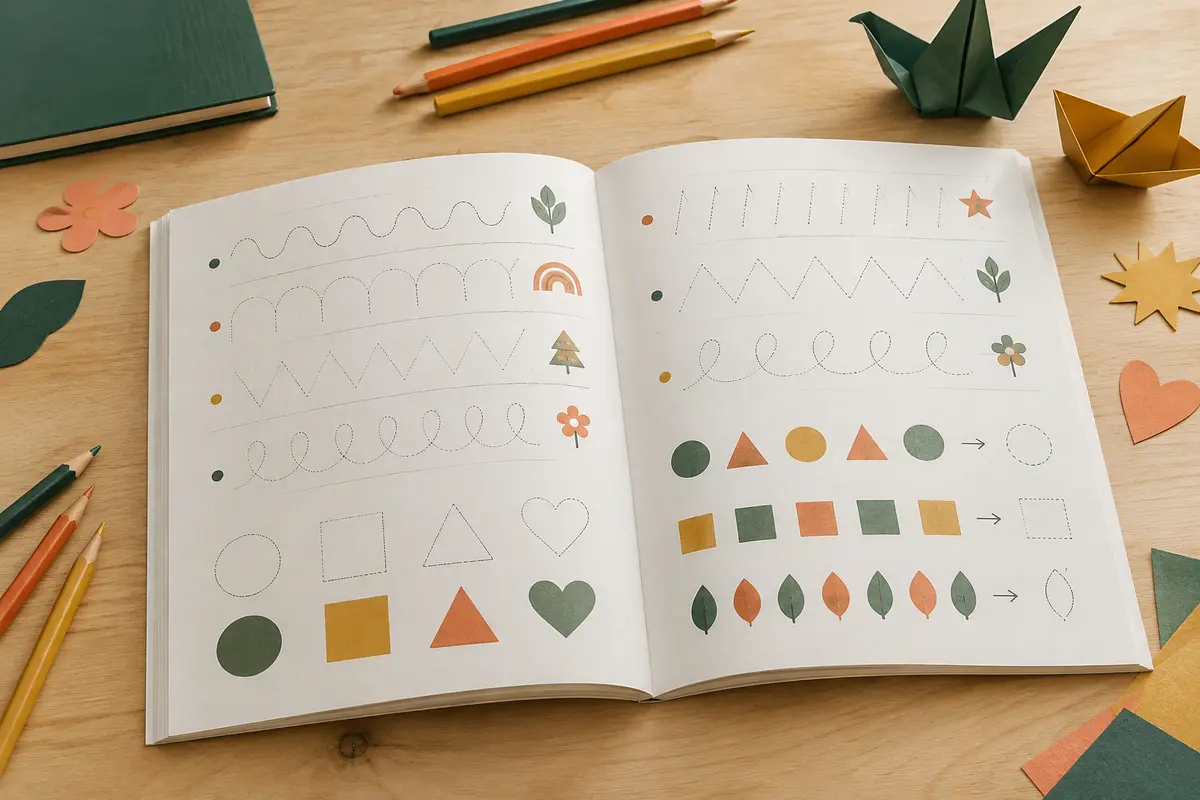 Cahier d’écriture ouvert avec des tracés et des crayons de couleur sur une table en bois clair.
