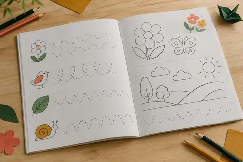 Cahier d’écriture cursive ouvert sur une table claire, entouré de quelques crayons de couleur.