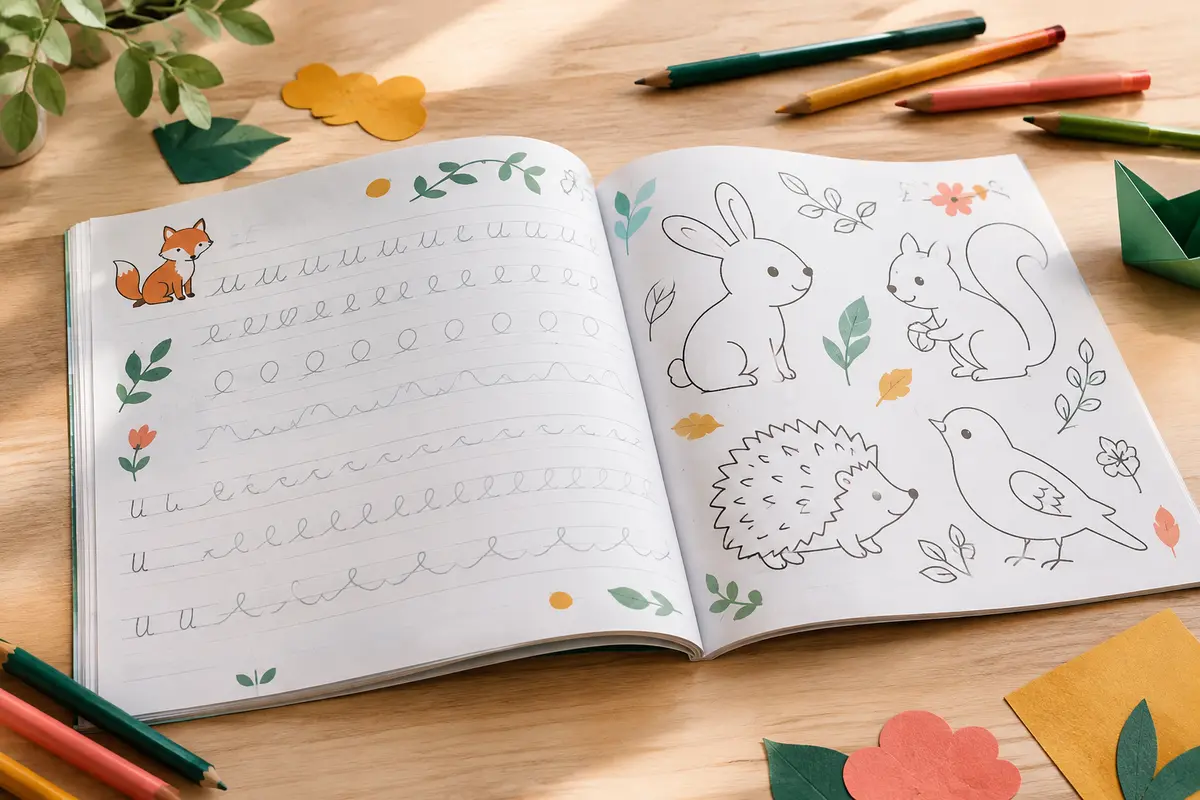 Cahier d’écriture cursive ouvert sur une table claire, avec des crayons et des dessins d’animaux à colorier.