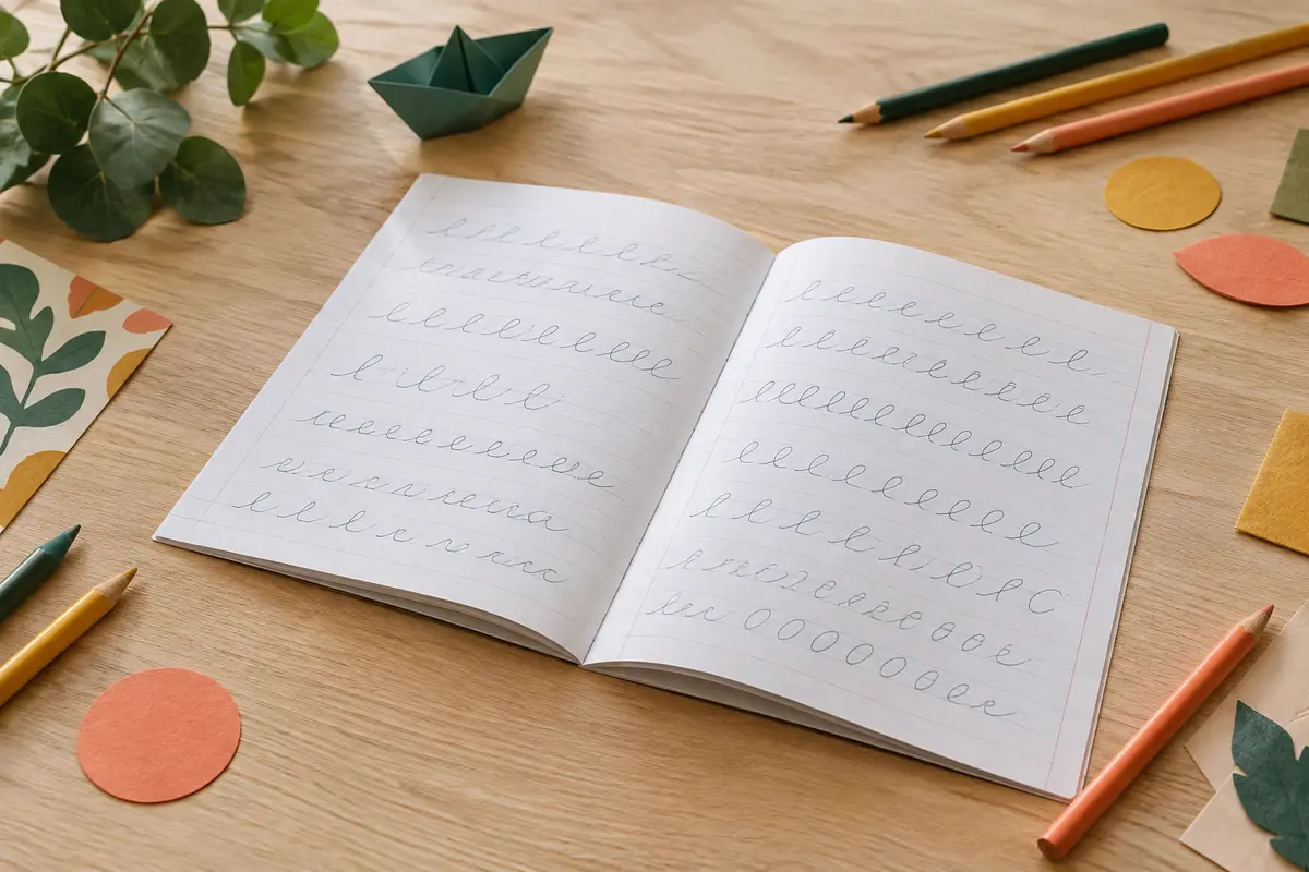 Cahier d’écriture cursive ouvert sur une table claire, accompagné de crayons de couleur et de papiers