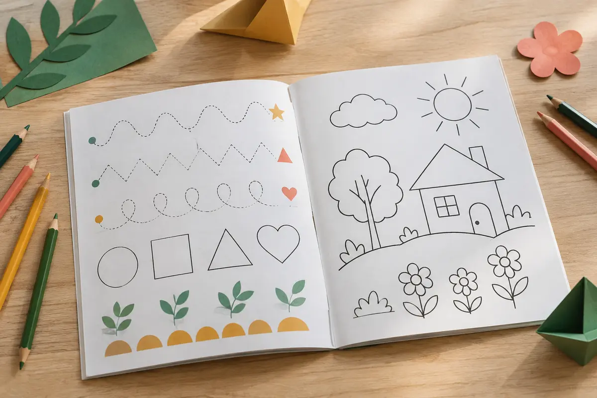 Cahier d’écriture ouvert sur des tracés et coloriages, avec des crayons de couleur sur une table claire.