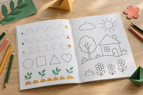 Cahier d’écriture ouvert sur des tracés et coloriages, avec des crayons de couleur sur une table claire.