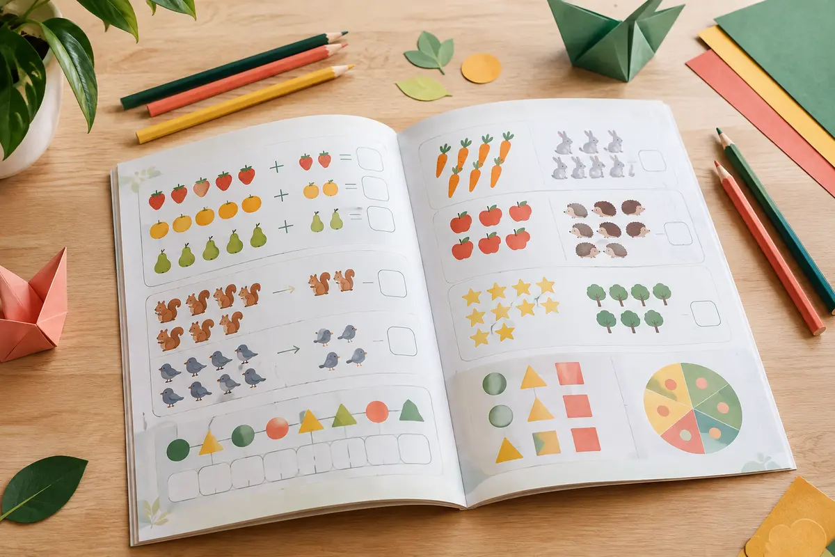 Cahier de calcul ouvert sur une table, avec des exercices illustrés et des crayons de couleur.