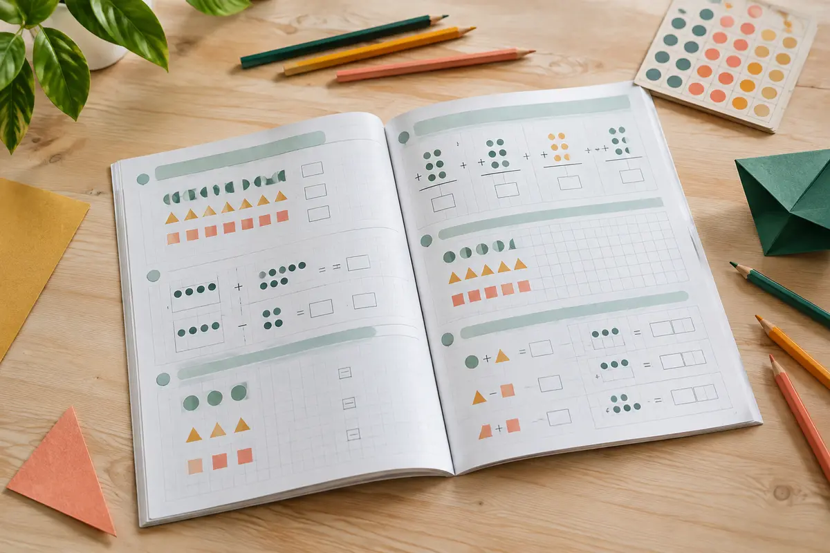Cahier de calcul ouvert avec des crayons de couleur et une table de multiplication découpée