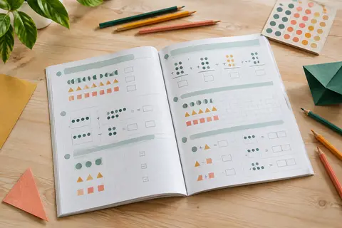 Cahier de calcul ouvert avec des crayons de couleur et une table de multiplication découpée