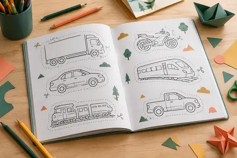Cahier ouvert avec dessins de véhicules et lignes de découpe, posé près de crayons sur une table claire