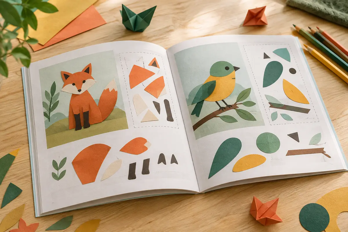 Cahier ouvert d’activités de découpage et collage sur le thème des animaux, avec crayons et papiers colorés.