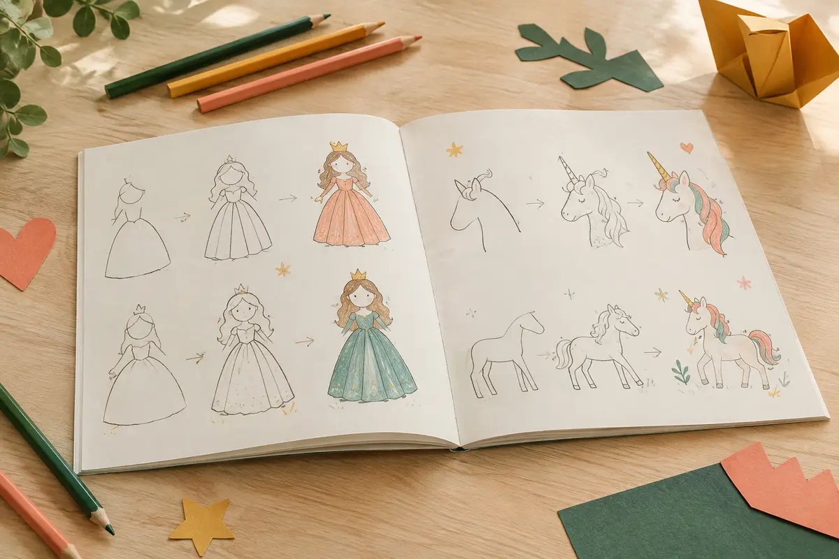 Cahier de dessin ouvert sur des modèles de princesses et de licornes, avec quelques crayons de couleur.