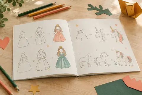 Cahier de dessin ouvert sur des modèles de princesses et de licornes, avec quelques crayons de couleur.