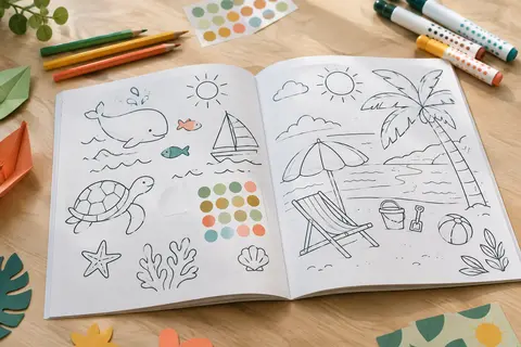 Cahier ouvert de dessins d’animaux à compléter avec des gommettes et des couleurs