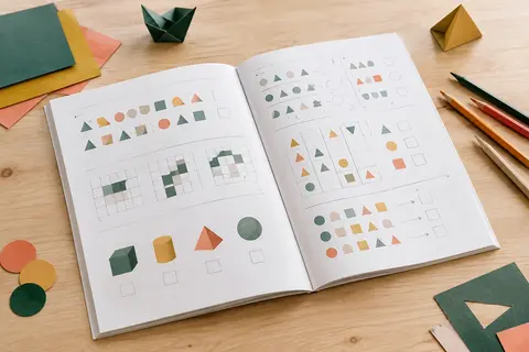 Cahier d’exercices de mathématiques ouvert sur une table en bois clair, avec quelques crayons de couleur.