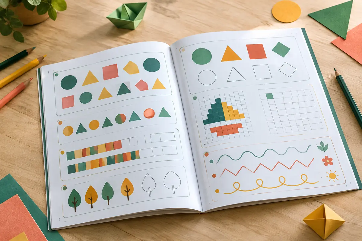 Cahier de maths ouvert sur une table claire, entouré de crayons de couleur