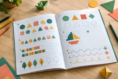 Cahier de maths ouvert sur une table claire, entouré de crayons de couleur
