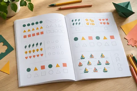 Cahier de maths ouvert sur une table claire, avec des crayons et des exercices illustrés de formes