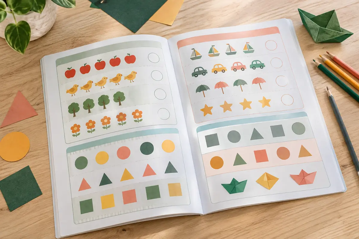 Cahier de mathématiques ouvert sur une table claire, accompagné de crayons de couleur et de formes en papier.