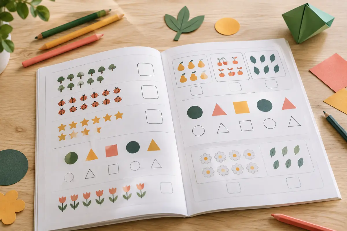 Cahier de maths ouvert avec des crayons de couleur sur une table en bois clair