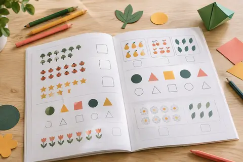 Cahier de maths ouvert avec des crayons de couleur sur une table en bois clair