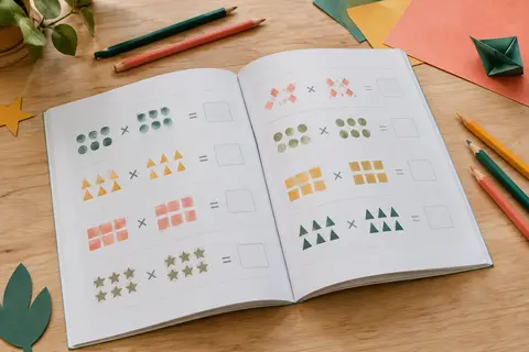 Cahier de multiplication ouvert sur une table claire, accompagné de crayons de couleur