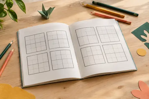 Cahier de sudoku ouvert sur une table en bois clair, accompagné de quelques crayons de couleur.
