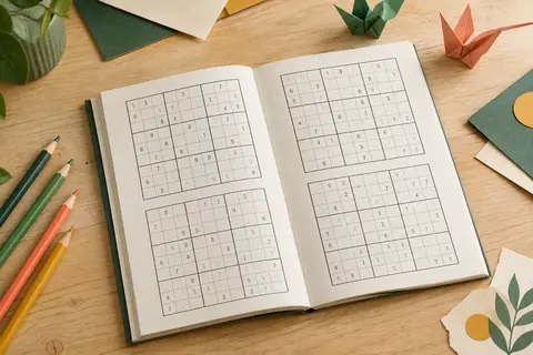 Cahier de sudoku ouvert sur une table en bois clair, avec quelques crayons de couleur.