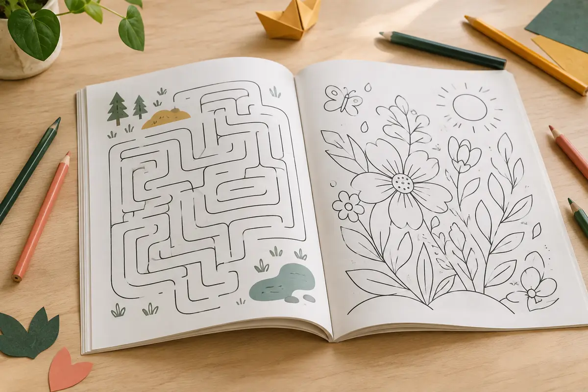 Cahier de labyrinthes ouvert sur une table claire, accompagné de quelques crayons de couleur.