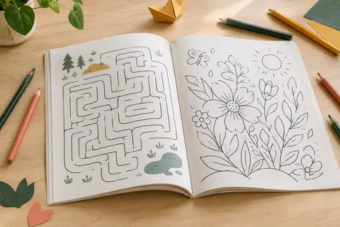 Cahier de labyrinthes ouvert sur une table claire, accompagné de quelques crayons de couleur.