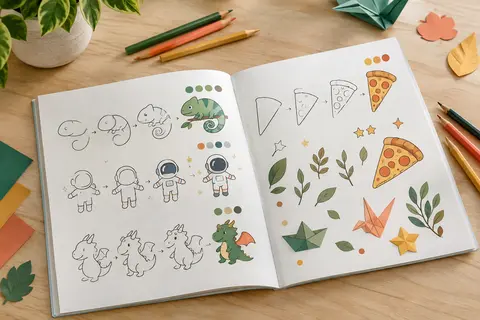 Livre de dessin ouvert avec des modèles en étapes et des crayons de couleur sur une table claire